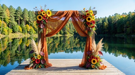 Obraz premium Beautiful Outdoor Wedding Arch with Sunflowers and Drapery by a Serene Lake