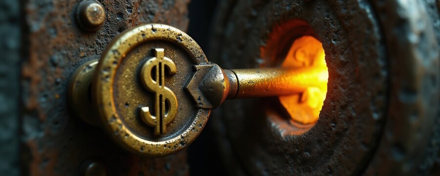 Golden key with dollar sign inserts into rusty lock emitting bright light. Symbol of wealth unlocking new opportunities and financial success. Concept of access.