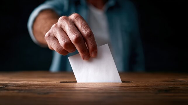 A close-up of a person's hand placing a white ballot into a ballot box, symbolizing civic duty and the democratic process, surrounded by a dark, compelling atmosphere.