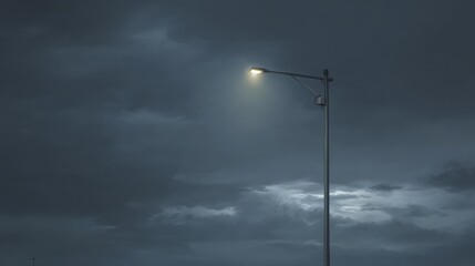 Obraz premium Street lamp illuminating a dark urban setting under a cloudy night sky with dramatic lighting and moody atmosphere in an empty space