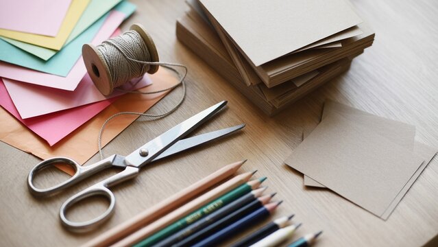 Creative craft supplies flat lay workspace