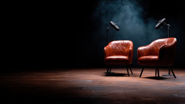 A stunning recording studio setup with leather chairs and microphones surrounded by atmospheric smoke, capturing an artistic and professional vibe for musical and interview themes.