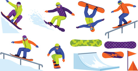 Snowboard Extreme Sports Illustration Set with Freestyle Riders, Winter Tricks, Terrain Park, and Adventure Snowboarding Vector Elements © MstSuborna
