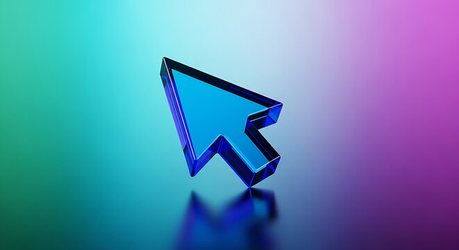 3D rendered blue computer cursor arrow on gradient background with computer technology interface navigation internet software graphics gradient interactive