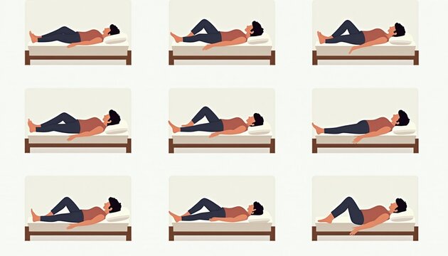 Person demonstrates various sleeping positions on bed. Explores correct, incorrect body postures for spine health. Shows alignment variations with pillows, mattresses for comfortable rest, sleep.