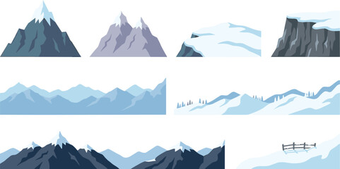 Winter Mountain Landscape Collection with Snowy Peaks, Frozen Hills, Arctic Cliffs, and Scenic Nature Vector Background Elements © MstSuborna