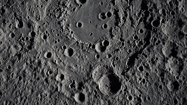 Realistic moon surface flyover showing impact craters