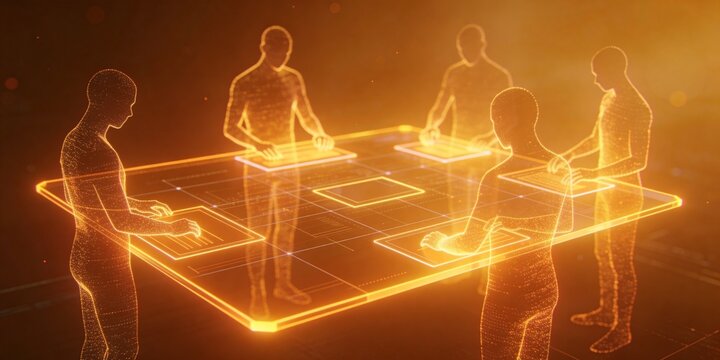 Holographic Team Collaboration With Glowing Human Silhouettes Around Shared Digital Workspace For Workforce Planning Header Background