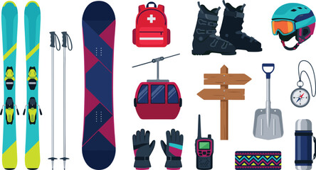 Winter Ski and Snowboarding Equipment Illustration Set with Helmet, Gondola, Backpack, Alpine Gear, and Outdoor Adventure Vector Elements © MstSuborna
