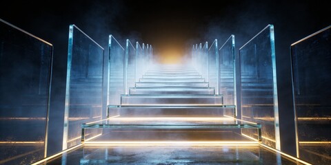 Illuminated Glass Staircase Background for Business Growth Progress Milestones Corporate Success Planning Futuristic Header With Copy Space © Giggles
