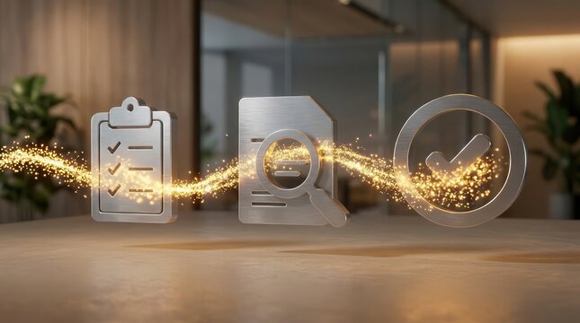 Golden Particle Workflow Review Approval Icons With Frosted Glass Checklist Document Search And Checkmark For Business Process Header