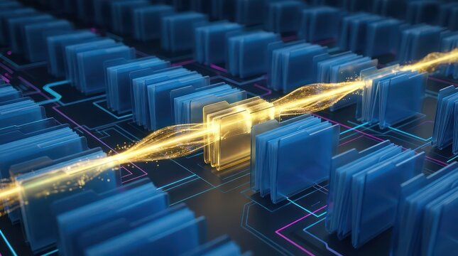Digital compliance archive with golden scanning beam, blue data folders, secure document storage, corporate records management technology background