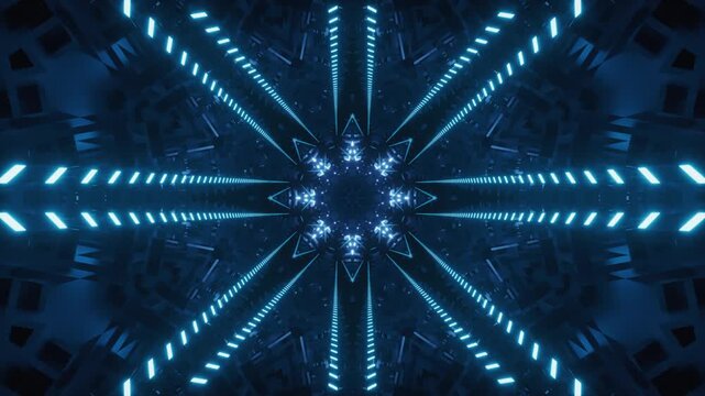 Abstract futuristic blue neon tunnel motion loop with geometric star patterns and glowing light rays.
