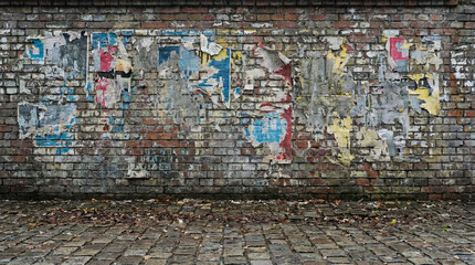 Naklejka premium Weathered brick wall with torn posters and fallen leaves on