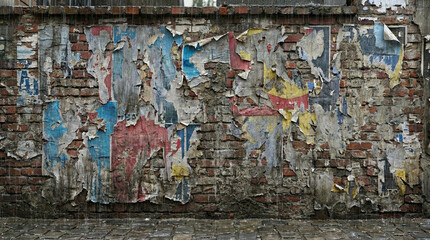 Naklejka premium old brick wall with peeling posters urban decay graffiti wall