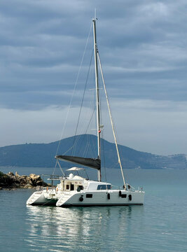 Beautiful view on catamaran in G&uuml;ll&uuml;k village, Bodrum, Turkey