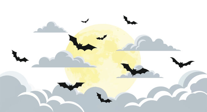 Silhouetted bats flutter across a cloudy sky at sunset with a bright yellow sun and moving wisps of clouds.