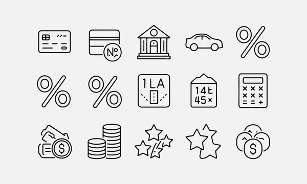 Loan and Credit web icons in line style. Credit card, deposit, car leasing, rate interest, calculator, income, rating, collection.