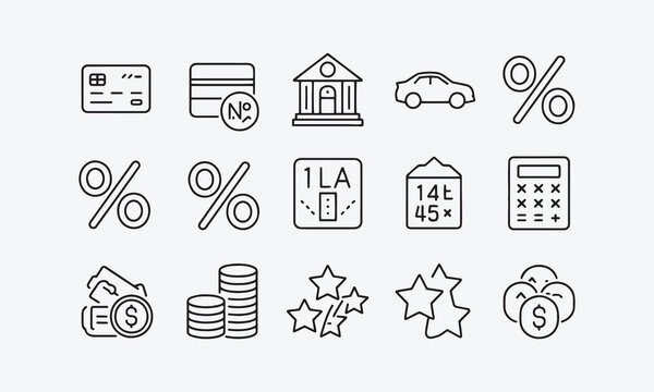 Loan and Credit web icons in line style. Credit card, deposit, car leasing, rate interest, calculator, income, rating, collection.