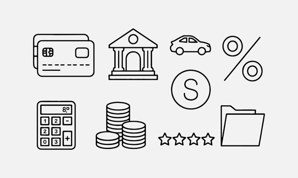 Loan and Credit web icons in line style. Credit card, deposit, car leasing, rate interest, calculator, income, rating, collection.