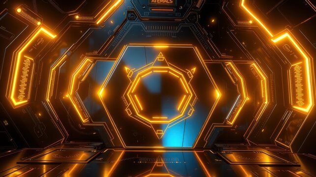 Futuristic corridor glows with vibrant orange neon lights. Dark metallic surfaces create depth, framing central hexagonal structure. Minimalist design.