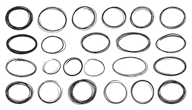 Collection of hand-drawn oval and circular frames, sketchy doodles, imperfect outlines, design elements, isolated on white