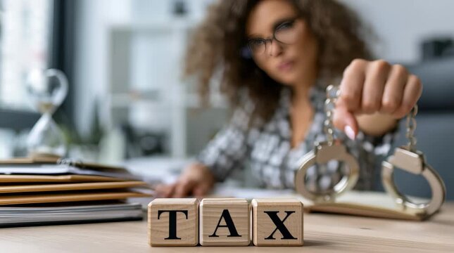 Tax preparation in office with handcuffs and worried woman