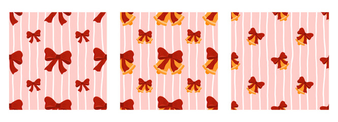 Obraz premium Pattern bells checkered christmas merry jingle gingham bow bell line. Classic element toy graphic holiday textile with blue star. Doorbell for trendy vector doodle stock illustration.