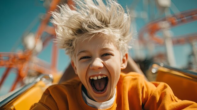A young boy screams with excitement on a roller coaster at an amusement park on a sunny day