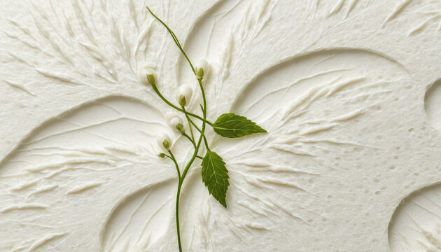 Elegant white botanical plaster bas relief with green plant branch detail