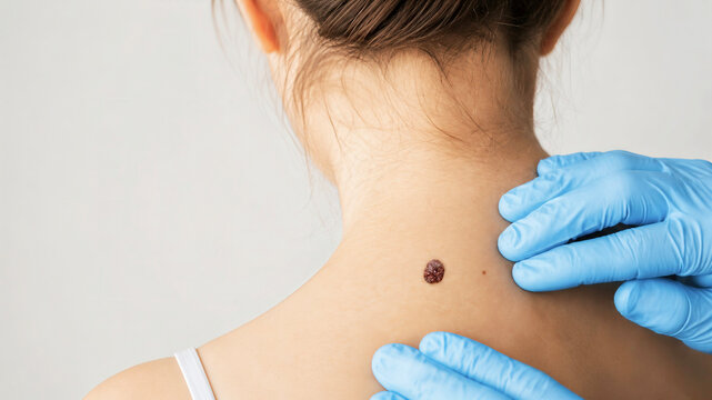 Dermatologist in blue gloves examining a prominent brown mole on a woman's upper back and neck