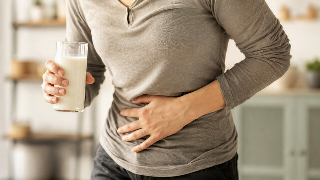 Women holding a glass of milk experiencing stomach ache due to lactose intolerance