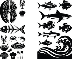 Obraz premium Seafood Restaurant and Marine Life Silhouette Icon Set Featuring Salmon Steak, Shark, Ocean Waves, Fish Bones, and Chef Hat Symbols for Menu Designs