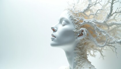 Fototapeta premium White abstract face sculpture with organic branching hair. Serene profile with closed eyes evokes calm. Nature inspired art fuses human form with botanical elements. Identity rebirth transformation.