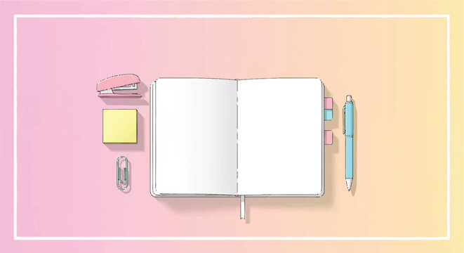 Open blank notebook with pastel stationery flatlay for creative planning and journaling.