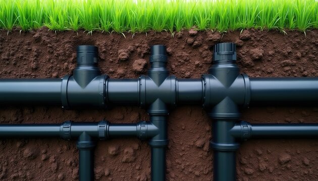 Underground irrigation pipes are installed in soil beneath green grass. Plumbing system has different pipe depths and connections for watering. This is for agriculture, gardening, or lawn care.