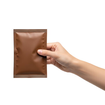 Hand holding small brown food snack packaging pouch with packaging isolated flexible template container snacking marketing