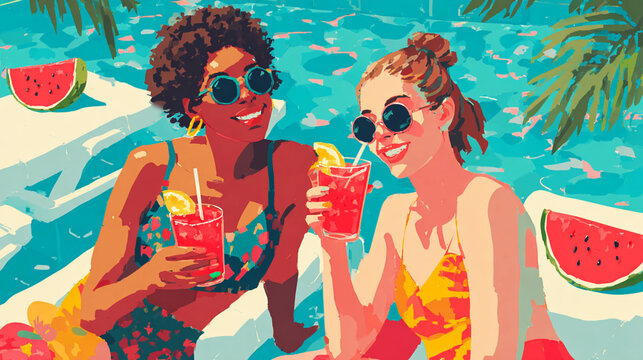 Two friends enjoying refreshing watermelon juice by the poolside on a sunny day