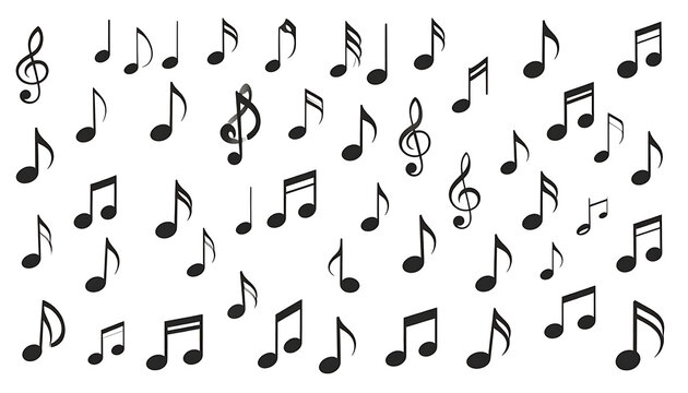 Collection of musical notes and symbols, various rhythms and clefs, isolated on a white background for educational or design use