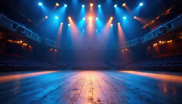 Empty theatre stage with blue and orange lights. Wooden floor reflects colorful illumination. Rows of seats visible in dim lighting. Ready for performance.