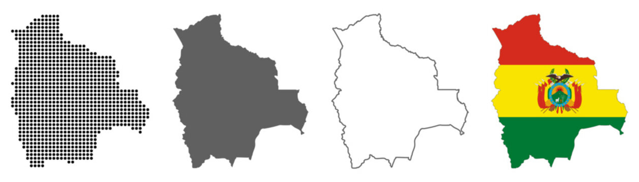 Bolivia country map vector set with dotted pattern solid silhouette outline and national flag illustration