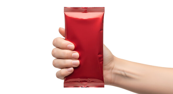 Hand holding a blank red snack food wrapper on white background with packaging isolated marketing container business consumer advertising template