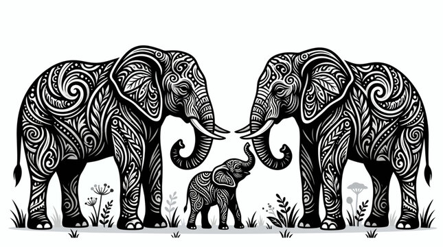 Ornate elephant family, black and white illustration, tribal pattern, wildlife art