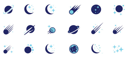 Celestial Icons: A collection of stylized icons representing celestial bodies and astronomical phenomena. space theme, astronomy graphic, cosmic elements, starry night, planets and comets. © Jibit