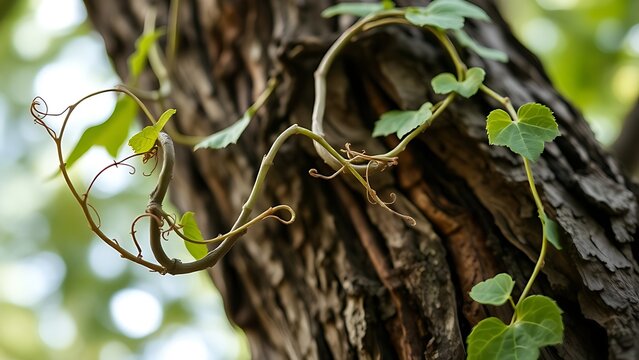 Vine tendrils unwinding from a tree trunk, revealing bark texture in daylight.