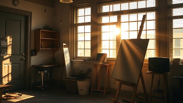 Morning light through blinds in a dusty studio with an empty easel.