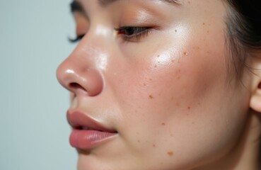 Fototapeta premium Close up on young woman cheek with freckles and mild hyperpigmentation. Skin imperfections before cosmetic therapy for acne and sun spots. Facial care with acid peeling.