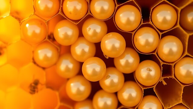 Pearlescent bee eggs clustered in a honeycomb cell, macro view in golden light.