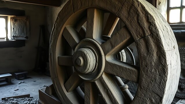 An ancient stone mill wheel with chisel marks in an old mill.