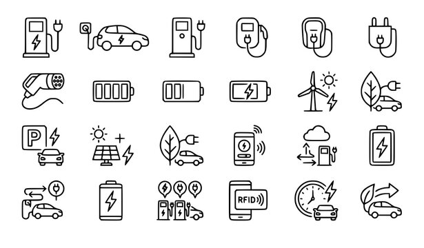 EV charging station icon set vector linear electric mobility symbols